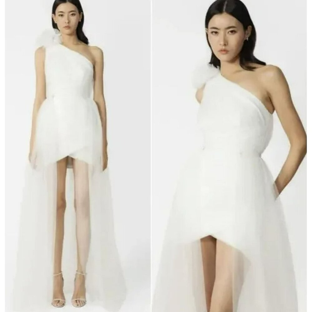 SAU LEE Sidney One Shoulder Bridal Tulle Dress Detachable Train Size 2 Wedding